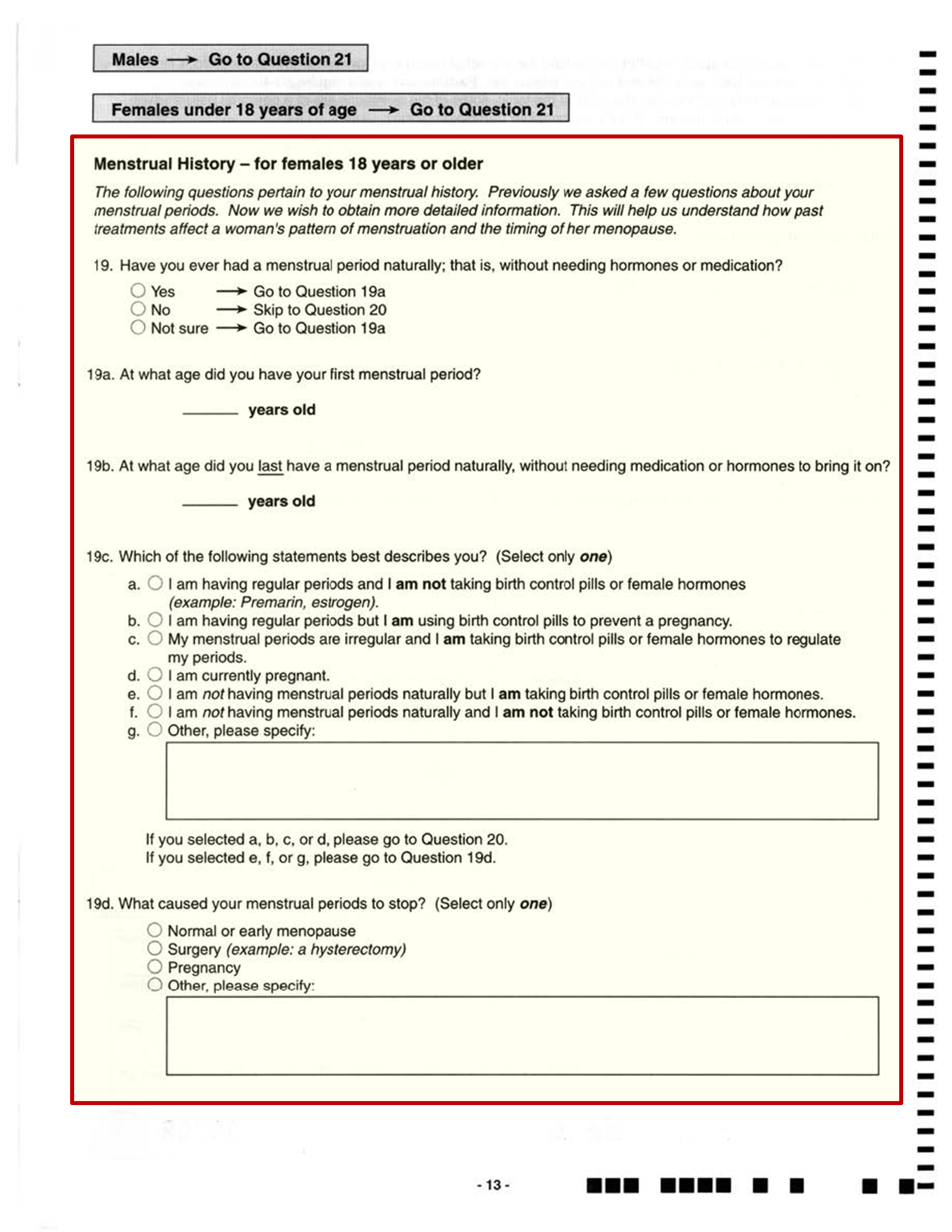 Follow-up 1 survey (2000) Questions 19 and 19a-d